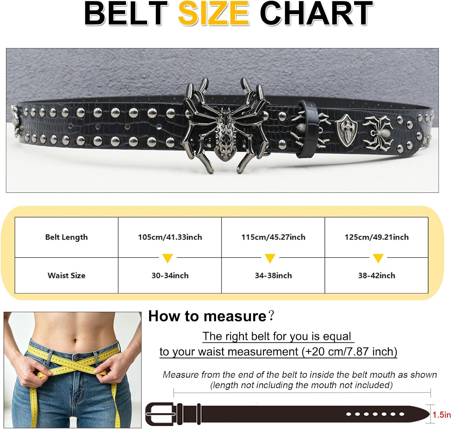 Spider Black Studded Belt for Men Women Y2k Studded Belt Punk Emo