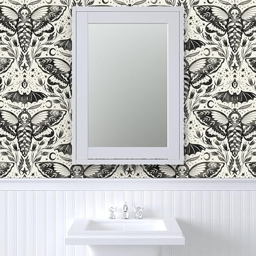Miniatura 9 de Spoonflower Papel tapiz extraíble de 12 x 2 pies  Acuarela Calavera Polilla Damasco Negro Blanco Flor Estrellas Elegante Tinta Magia Papel pintado
