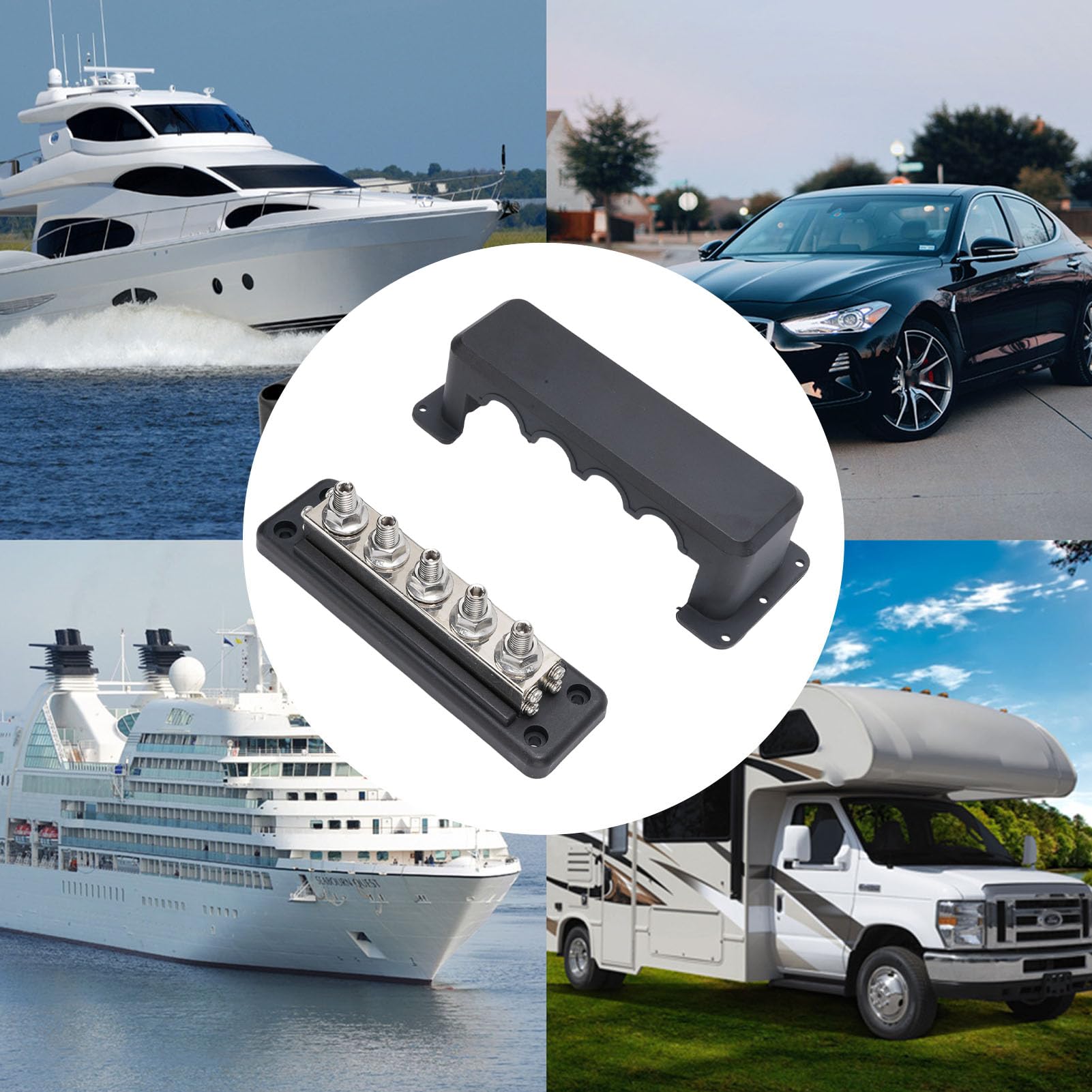 Bloc Distribution D'énergie 600A, 300V DC, Bornier Barre Bus Batterie Marine Robuste avec 5 Goujons M10, Barre Bus à Courant élevé pour Automobile, Voiture, Camping-Car (Black)