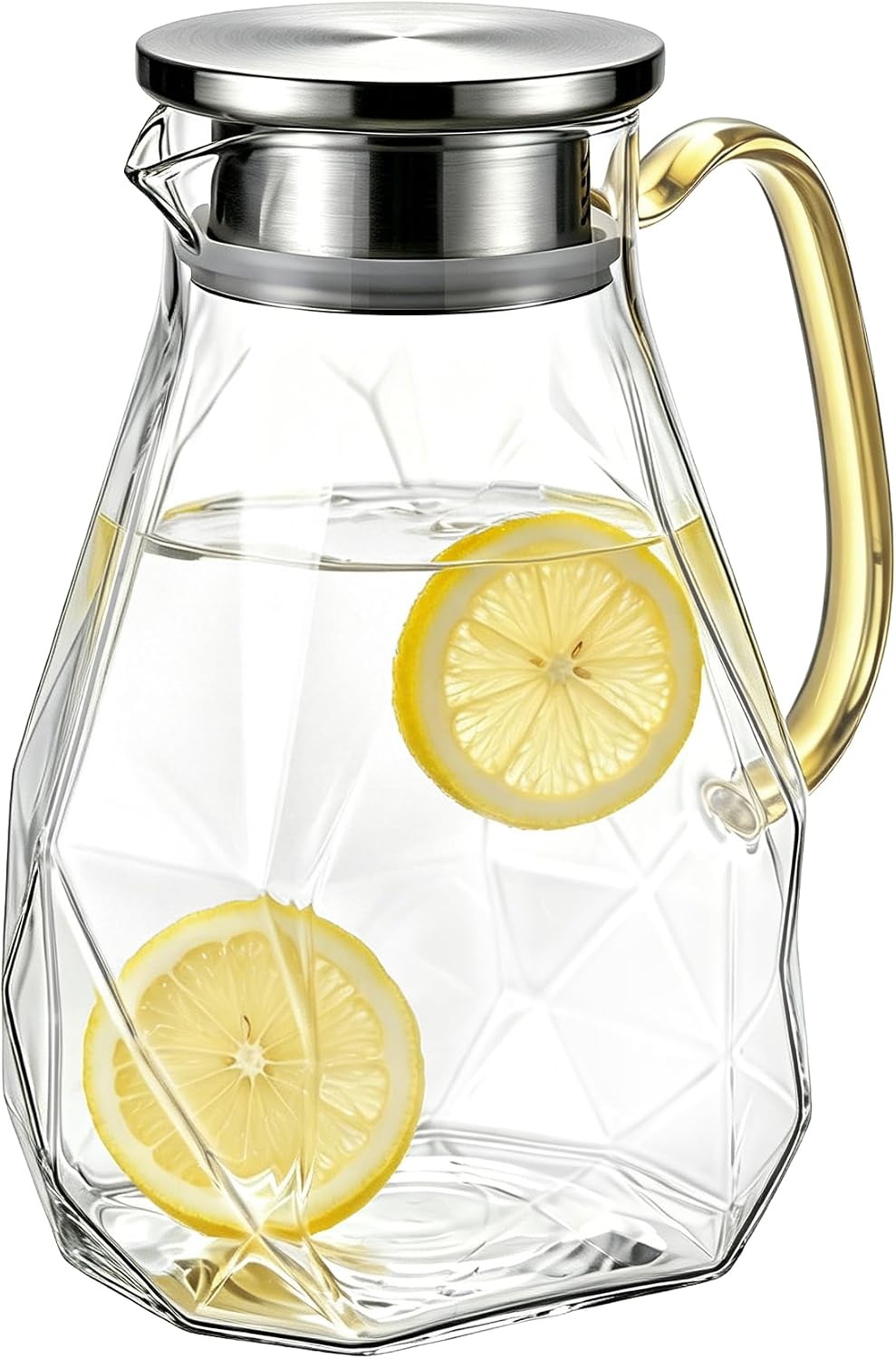 1.8L Glass Pitcher with Lid and Handle for Fridge Door, Borosilicate Glass Carafe for Hot/Cold Drink, Extra Large Water Pitchers for Iced Tea, Coffee, Beverage (Triangle Diamond)