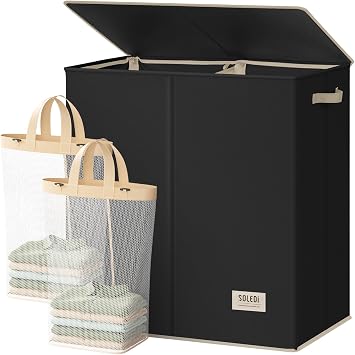 SOLEDI Large Double Laundry Hamper with Lid,165L Collapsible Clothes Hamper 2 section with Removable Bags, Space-Saving Laundry Basket for Bedroom, Dorm, College