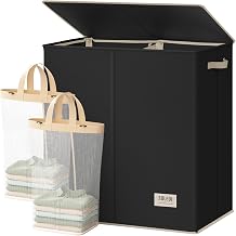 SOLEDI Large Double Laundry Hamper with Lid,165L Collapsible Clothes Hamper 2 section with Removable Bags, Space-Saving Laundry Basket for Bedroom, Dorm, College