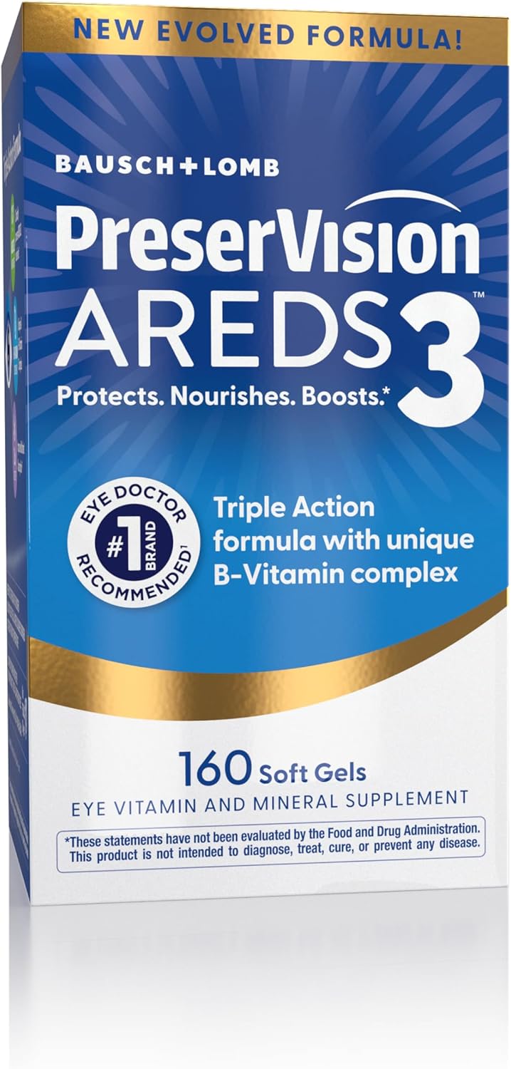 PreserVision AREDS3 Eye Vitamins, #1 Eye Doctor Recommended Brand, AREDS2 Formula with Additional 8 B-Vitamin Complex, Promotes Healthy Cellular Eye Function*, 3-in-1 Macular Supplement, 160 Softgels