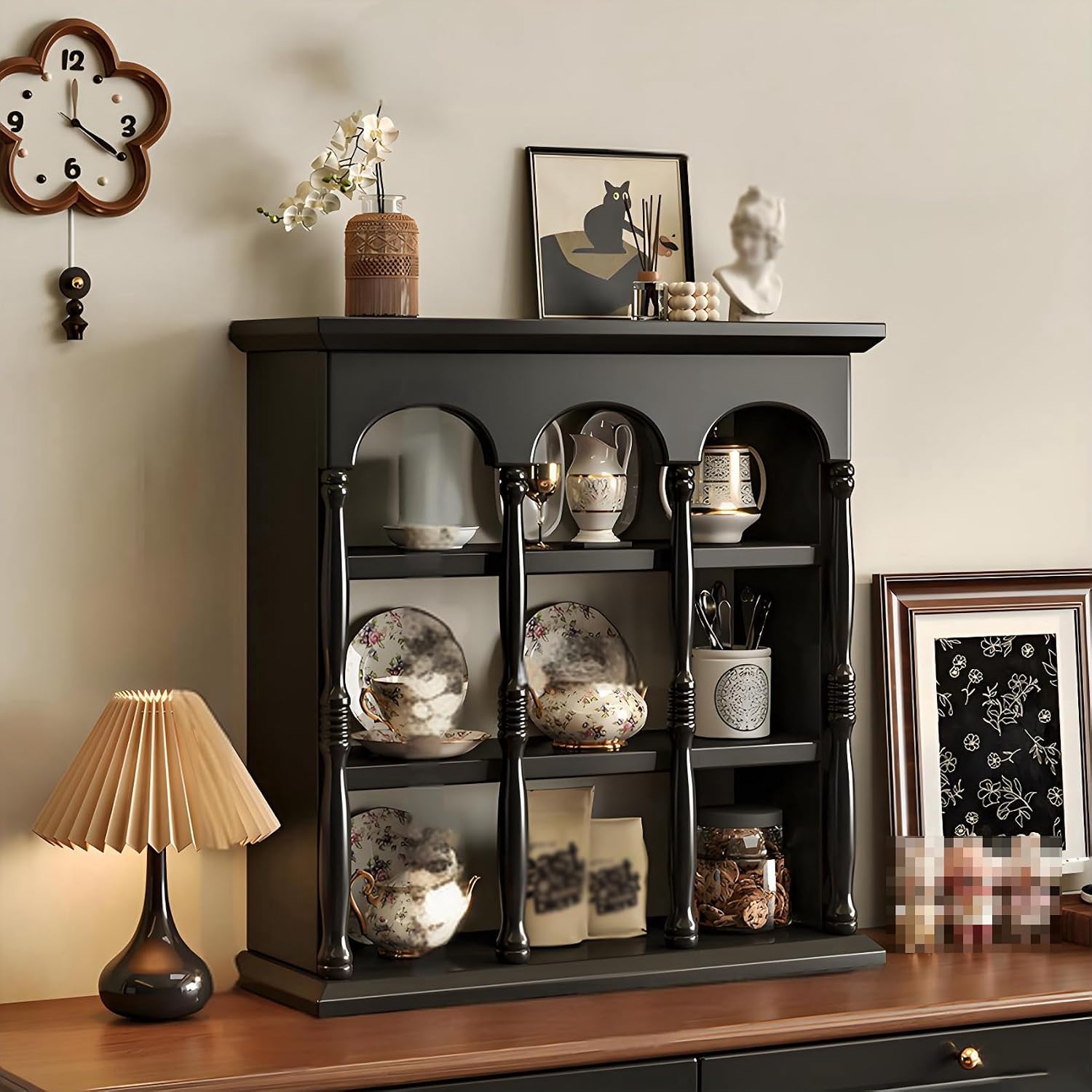 9/12/15/18 Grid Coffee Mug Display Rack, Wall Mount Floating Shelf, Vintage Wall-Mounted Curio Case, Countertop Solid Wood Cup Rack for Living Room or Kitchen (Black, 17.72 * 5.91 * 19.29in)