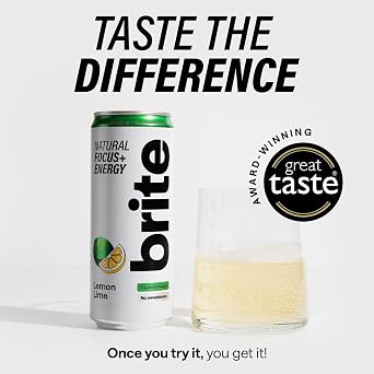 Brite Natural Focus. Energy Drink & Coffee Alternative for Productivity. Plant Based, Backed by Neuroscience. Low Calorie, Vegan, Gluten Free. Lemon Lime 12 x 330 ml.