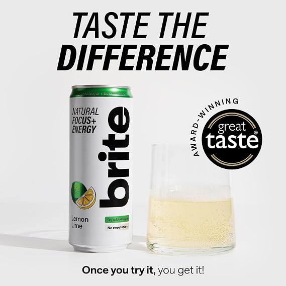 Brite Natural Focus. Energy Drink & Coffee Alternative for Productivity. Plant Based, Backed by Neuroscience. Low Calorie, Vegan, Gluten Free. Lemon Lime 12 x 330 ml.