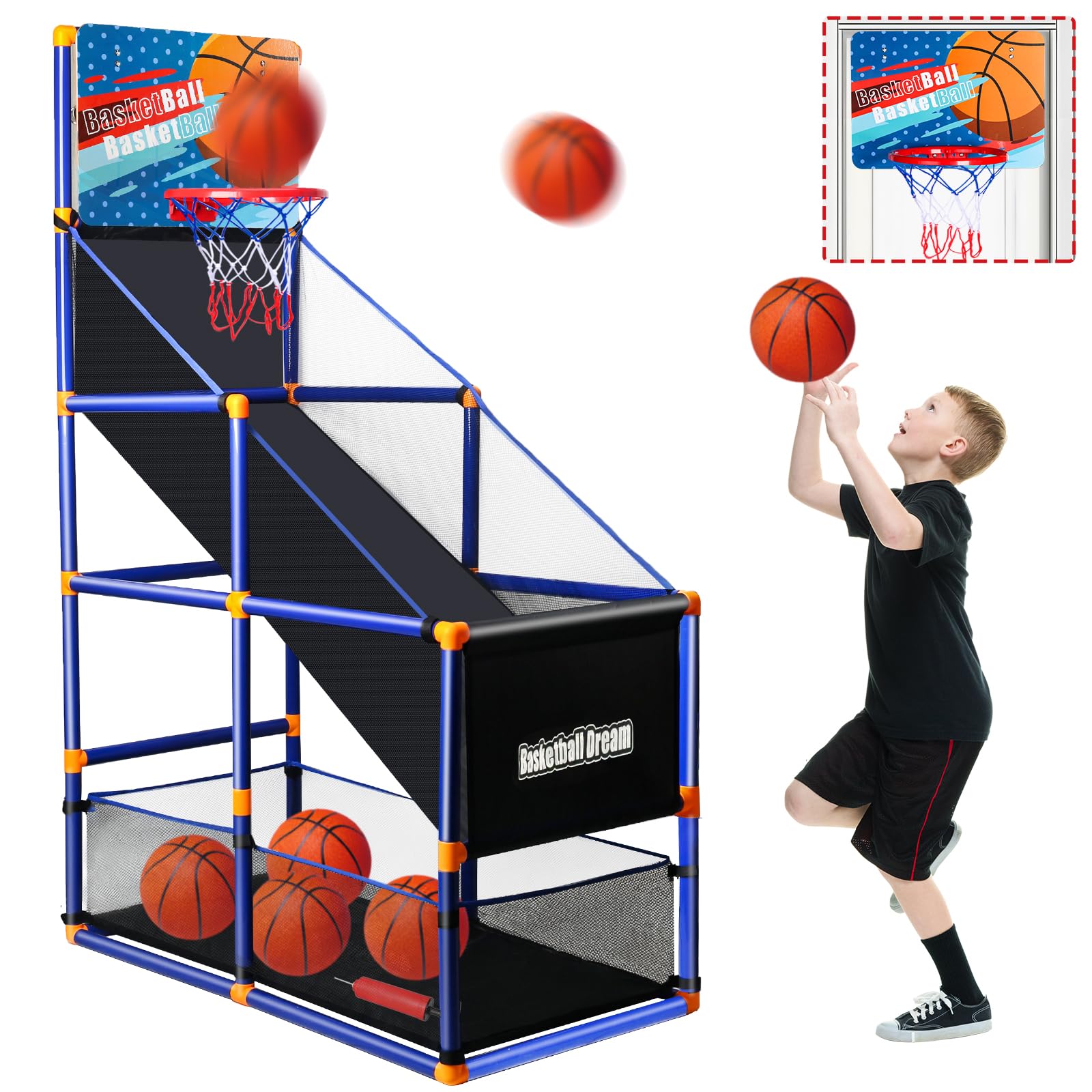 Arcade Basketball Game Set for Kids, Boy Toys Basketball Hoop with 4 Balls for 3 to 12 Years Old, Adjustable Height w/ Pump & Storage Net for Kids Indoor Outdoor Sports Play, Christmas Birthday Gifts
