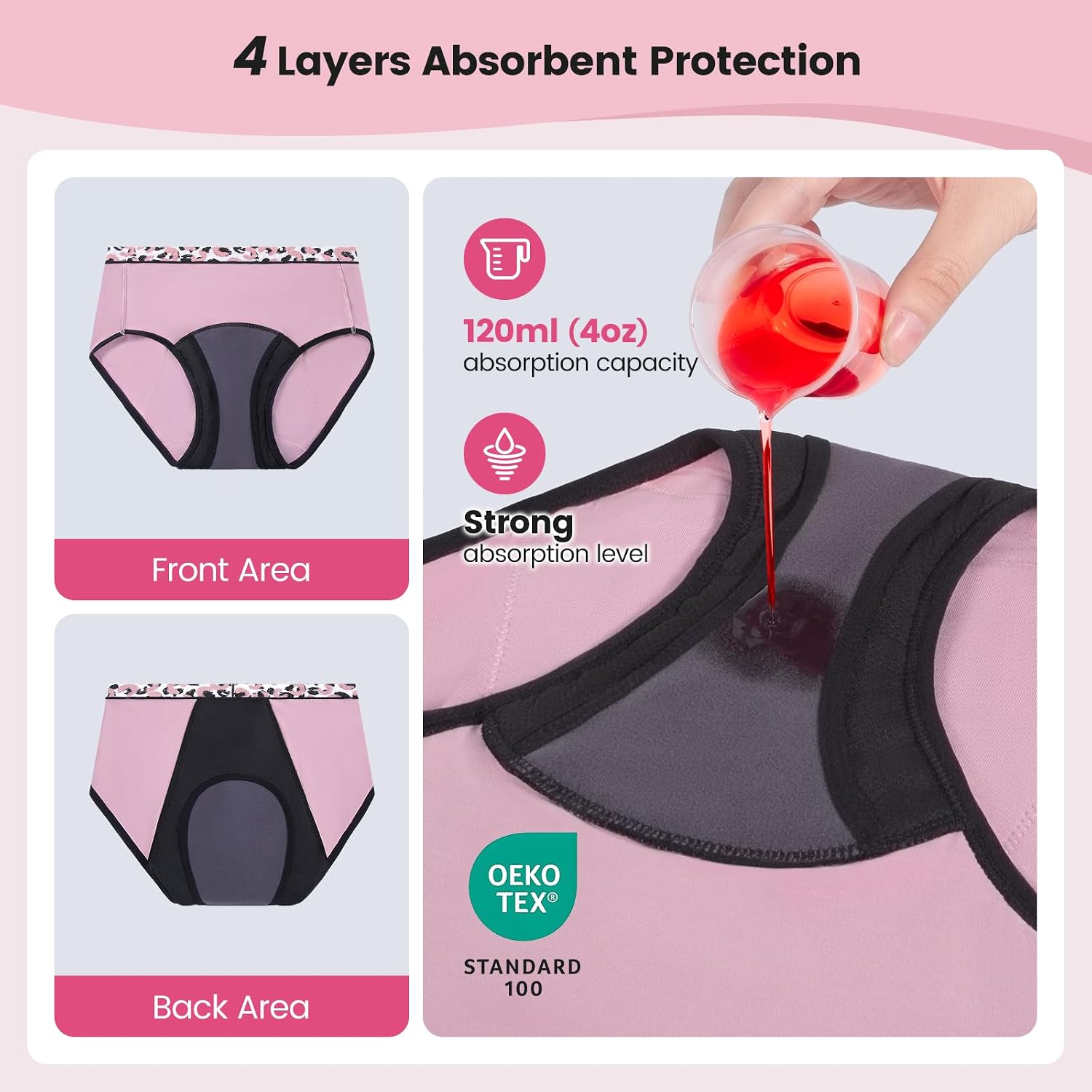 Carer Incontinence Underwear for Women, 120ml Absorbency Leakproof Panties for Bladder Leakage, Reusable Washable Womens Incontinence Protective Briefs 2XL Pink-2
