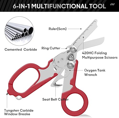Miniatura 3 de Tijeras de trauma de emergencia con cortador de correa y rompevidrios Alicates plegables de acero inoxidable, tijeras de rescate para acampar al