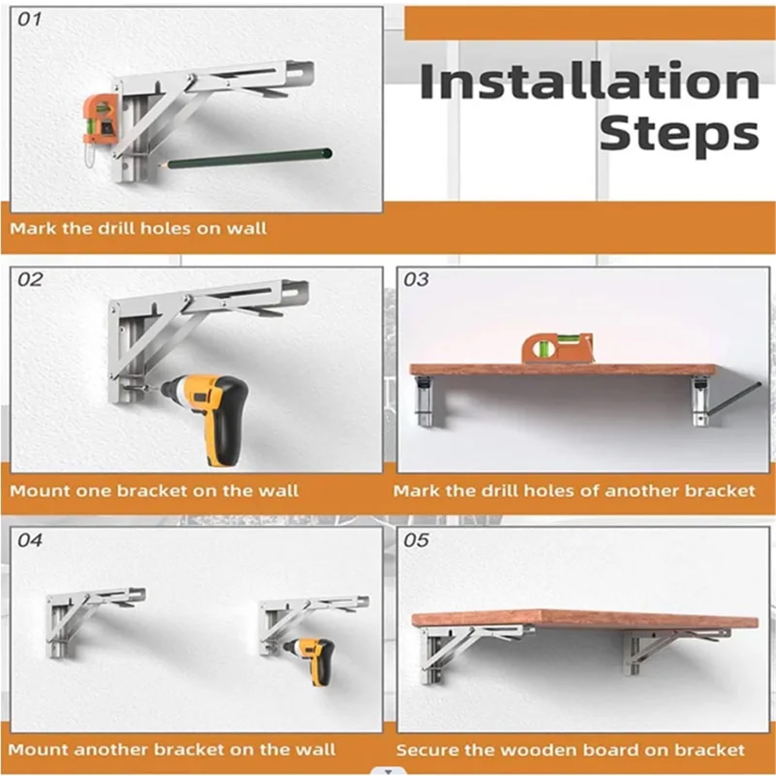 Escuadras Metalicas Banco de pared plegable triangular ajustable, mesa y estante for muebles, herrajes resistentes de 8 pulgadas(5 Pcs)