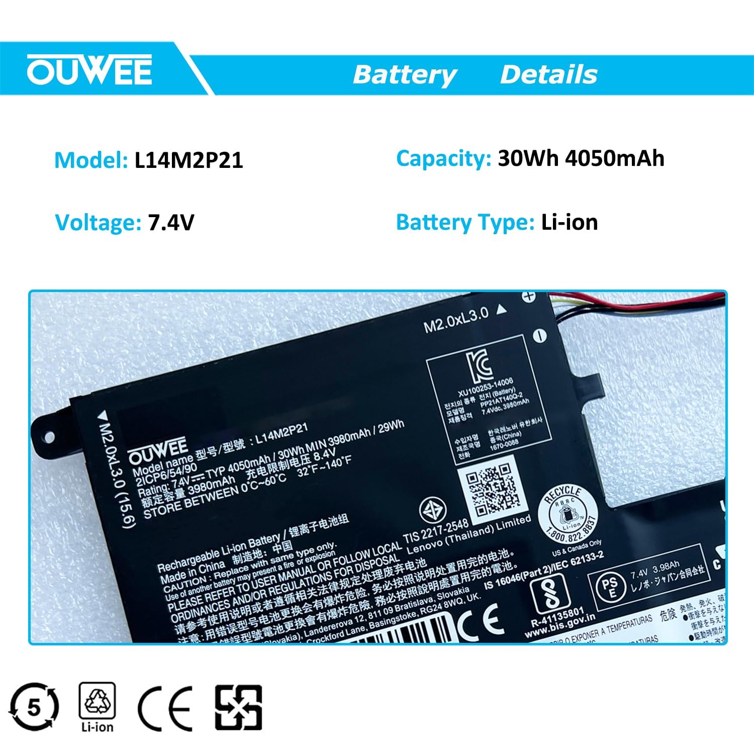 OUWEE L14M2P21 Laptop Battery Compatible with Lenovo IdeaPad 330S-14AST 330S-14IKB 330S-15ARR 330S-15AST 330S-15IKB Series 5B10Q39203 5B10Q39204 L14L2P21 5B10Q39206 5B10W67199 7.4V 30Wh(Shape-B)