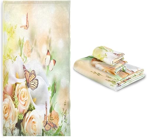 Miniatura 7 de Juego de toallas de baño, ramo de rosas amarillas y lirios blancos de cala, toallas de mariposa, 3 piezas, 1 toalla de baño, 1 toalla, 1 toalla de