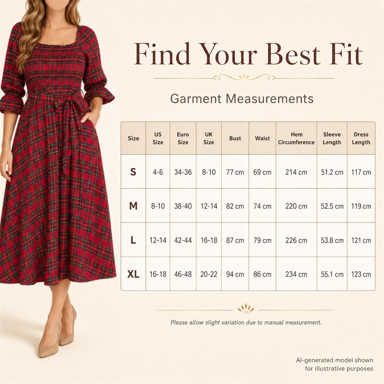Robe midi Femme à Encolure carrée, smockée Ceinture Coupe trapèze et Poches | Robe midi trapèze à carreaux rouges, encolure carrée, smocks, ceinture à nouer poches latérales, manches bouffantes à volants
