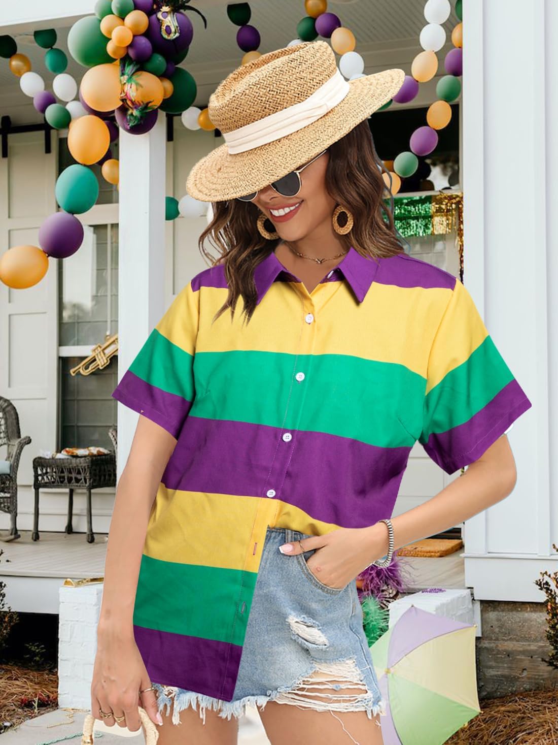 Mardi Gras Shirts Fat Tuesday Outfit: Women Carnival Themed Mask Tee Party Holiday T-Shirt Purple Button Up Tops - Image 4