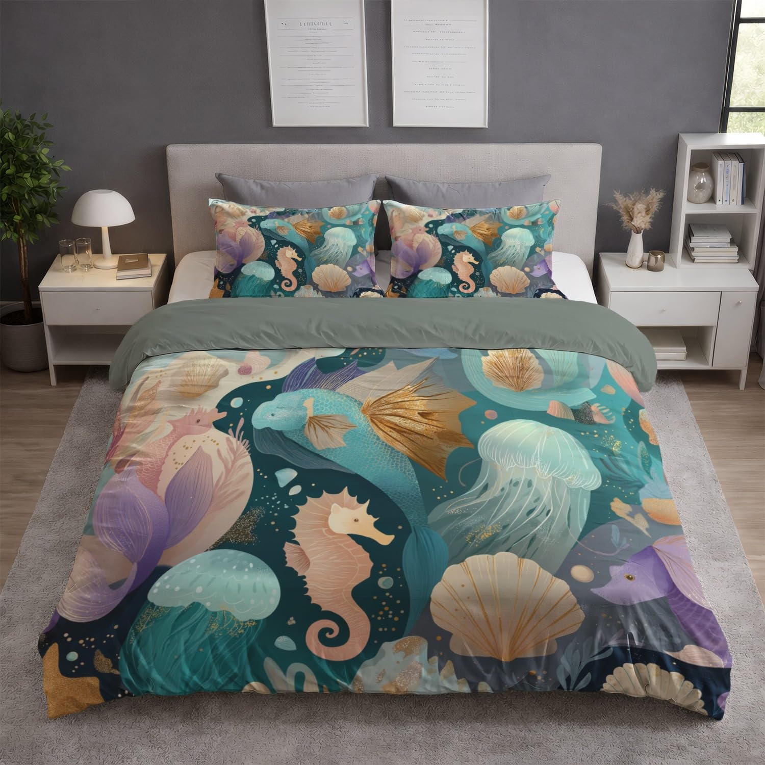 Générique Wielokolorowa Marzycielska poszwa na kołdrę, elegancki podwodny świat zestaw pościeli 220 x 260 cm z zamkiem błyskawicznym 2 poszewki na poduszki 65x65cm Miękka oddychająca mikrofibra
