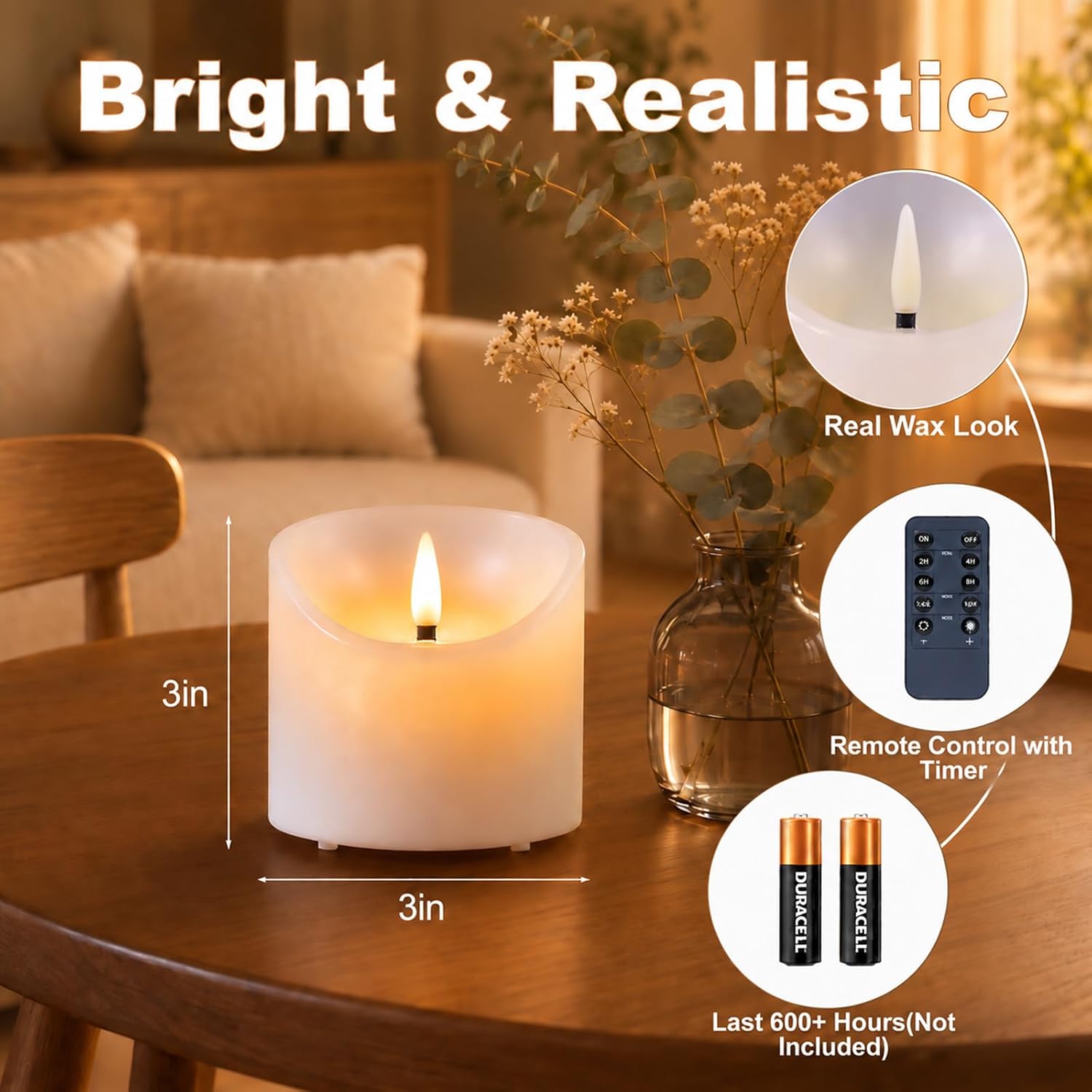 3"x3" Real Wax Flameless Candless with Remote & Timer, 2 Pack image 2