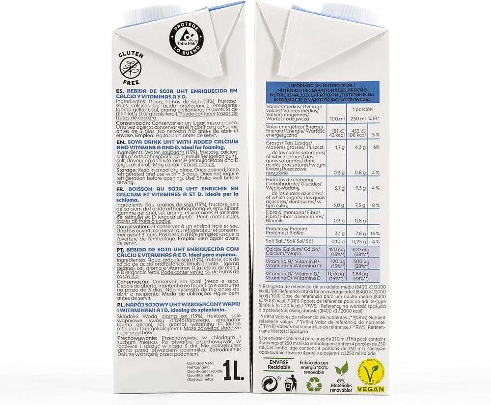 Frías Bebida Vegetal de Soja Calcio Pack 6x1L Sin Gluten Sin Lactosa Vegana