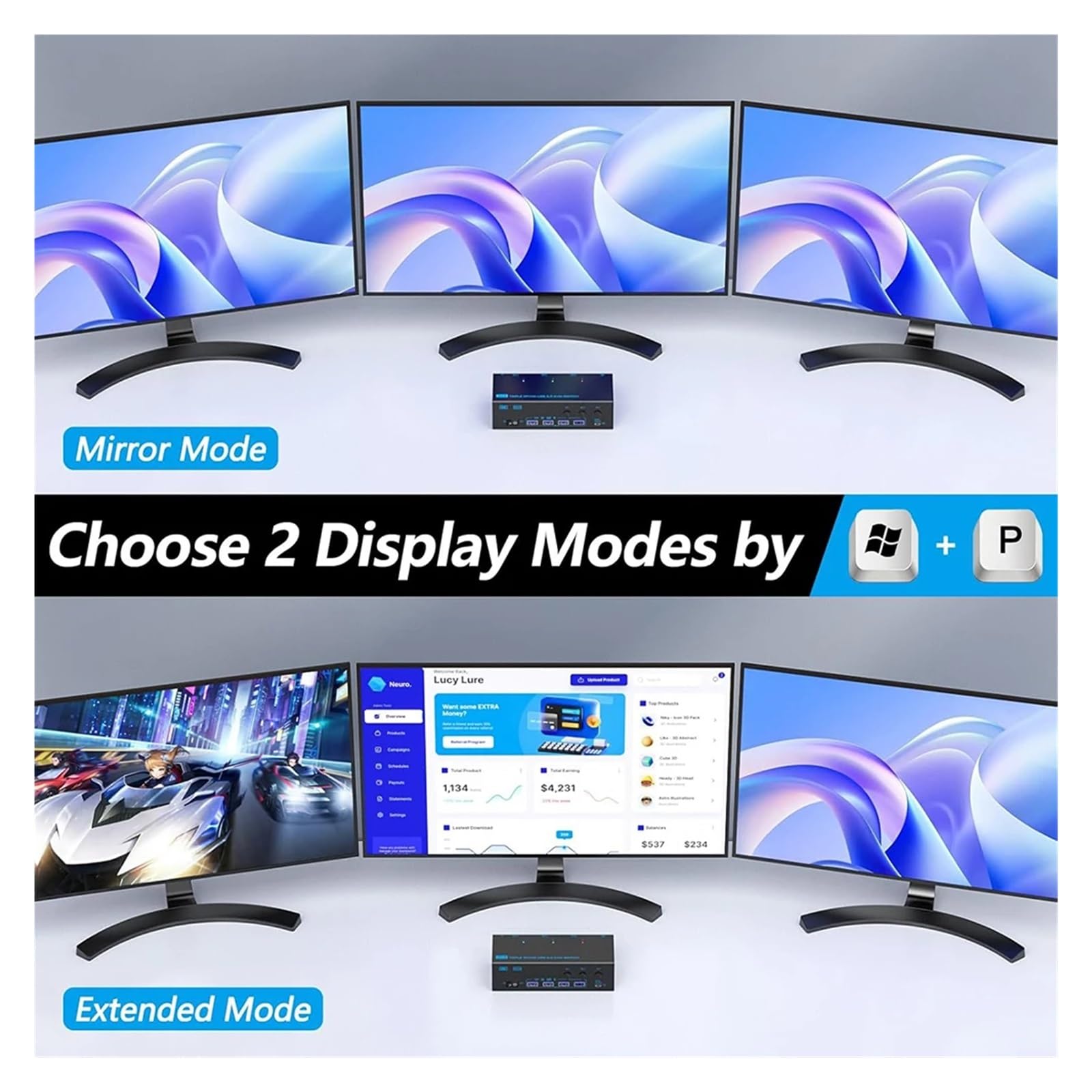 Przełącznik KVM USB 3.0 zgodny z, 3 monitory, 3 komputery, 8K60Hz, 4K144Hz, potrójny monitor KVM z 4 portami USB 3.0, potrójny KVM