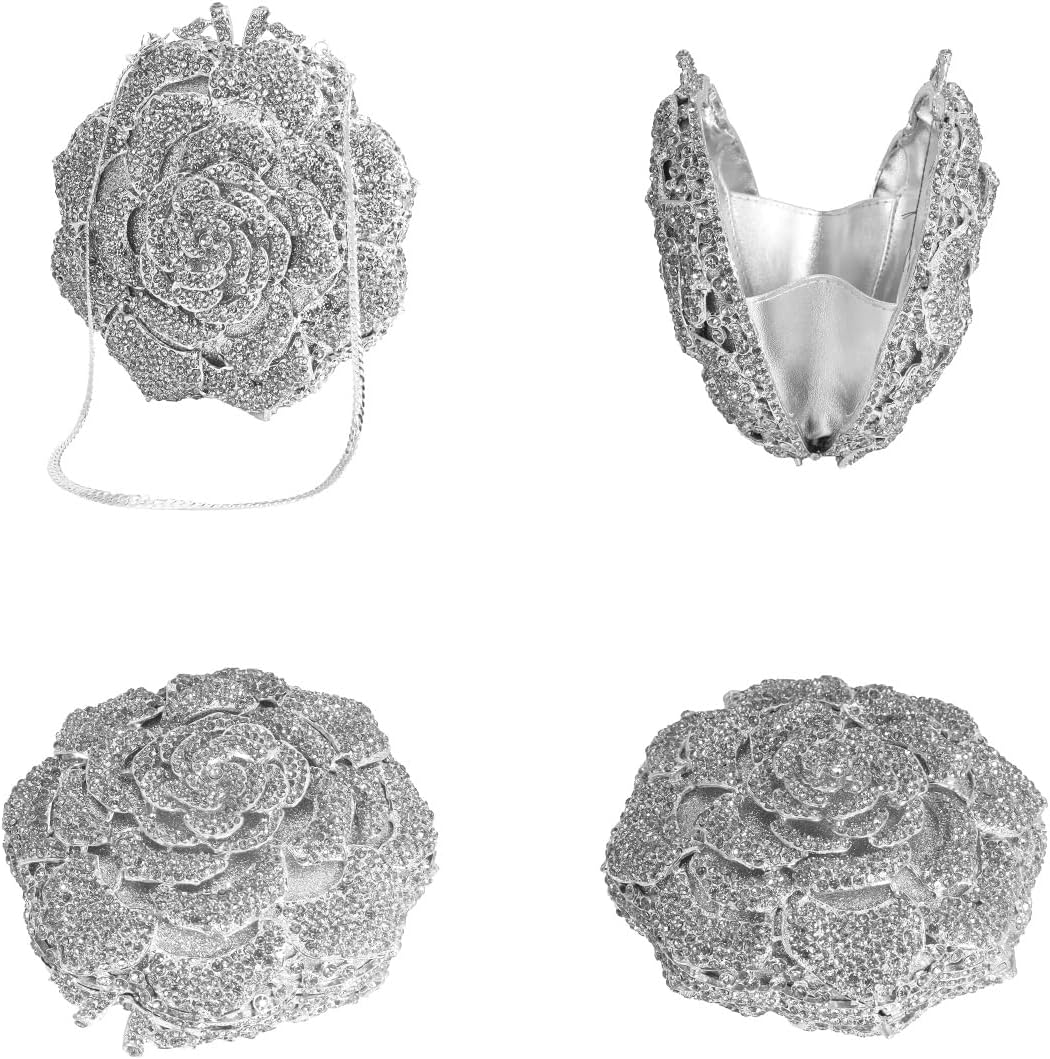 RomanticDesign Women Round Rose Flower Rhinestone Clutch Bag Elegant Crystal Bride Purse for Evening Party Prom Wedding