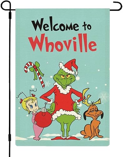 Bandera de jardín de Navidad, bandera de jardín de bienvenida a Whoville de 12 x 18 pulgadas, decoración navideña de invierno para exteriores,