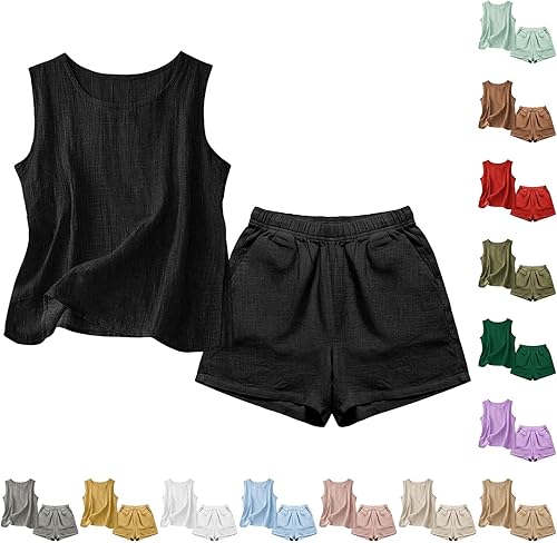 JiXiang Two Piece Linen Sets for Women Casual Crewneck Sleeveless Tank Tops Matc