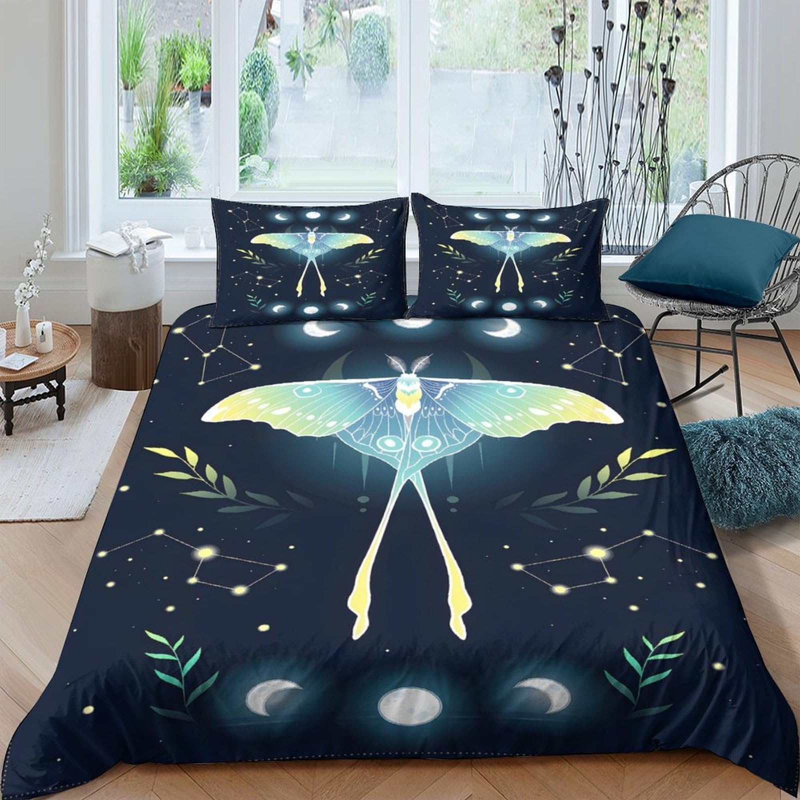 Ctjqhvkz Style-1 3D Printed Luna Moth Night Sky Fitted Sheet Microfiber Soft Breathable Moon Phase Mattress Cover For Bedroom Dorm Mattress Protection Decor Single（135X200cm）