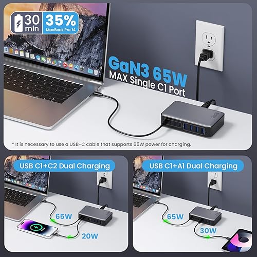 Miniatura 6 de Bloque de cargador USB C de 200 W, estación de carga rápida USB C de 8 puertos PPS PD 65 W, adaptador de cargador para portátil compatible con