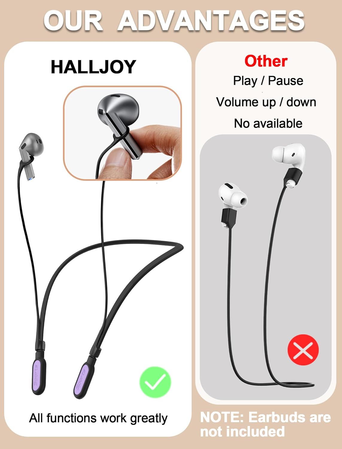 HALLJOY for Galaxy Buds 3 & Galaxy Buds 3 Pro Strap Neckband, Anti-Lost Accessories, Support Volume Control, Ergonomic Design, Fit Airpods Pro 3/2/1, Airpods 4, 3, 2, 1, Black Band/Purple Tip - Image 4