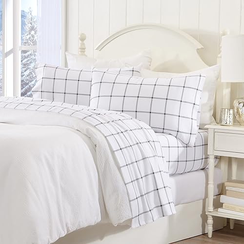 Miniatura 6 de Great Bay Home - Juego de sábanas de franela de 100 % algodón turco cuadro ventana, tamaño matrimonial, con bolsillo profundo, suaves, cálidas, de