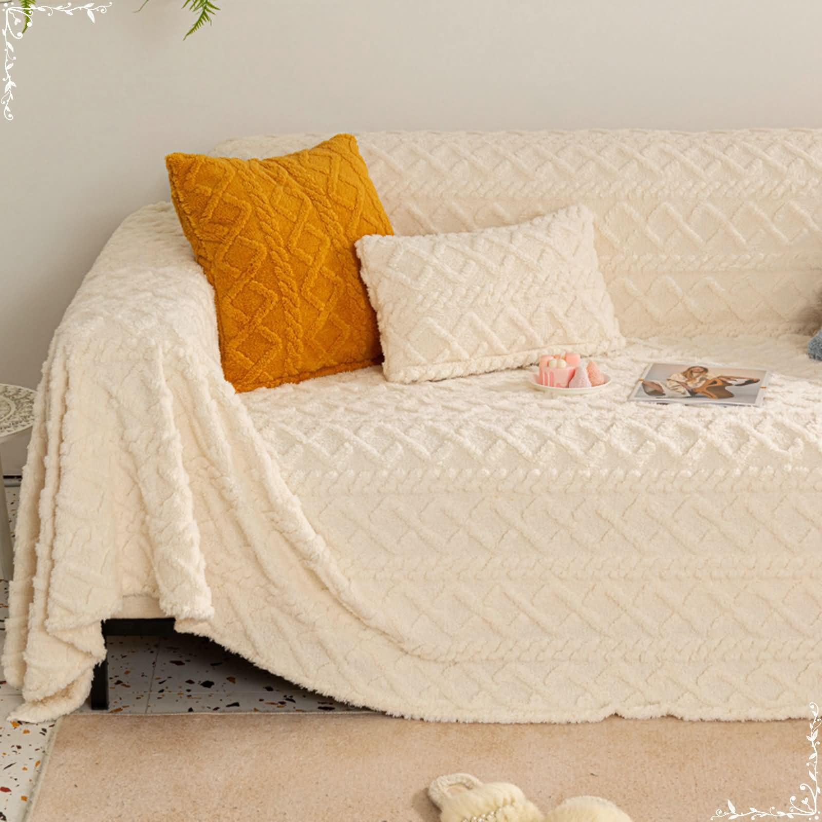 Housse de Canapé Trois Places,180x300CM,Housse Canape d Angle Couleur Unie avec Motif Géométrique Housse de Fauteuil Flanelle Salon Couverture Canapé d'angle Blanc Housse Canapé d'angle