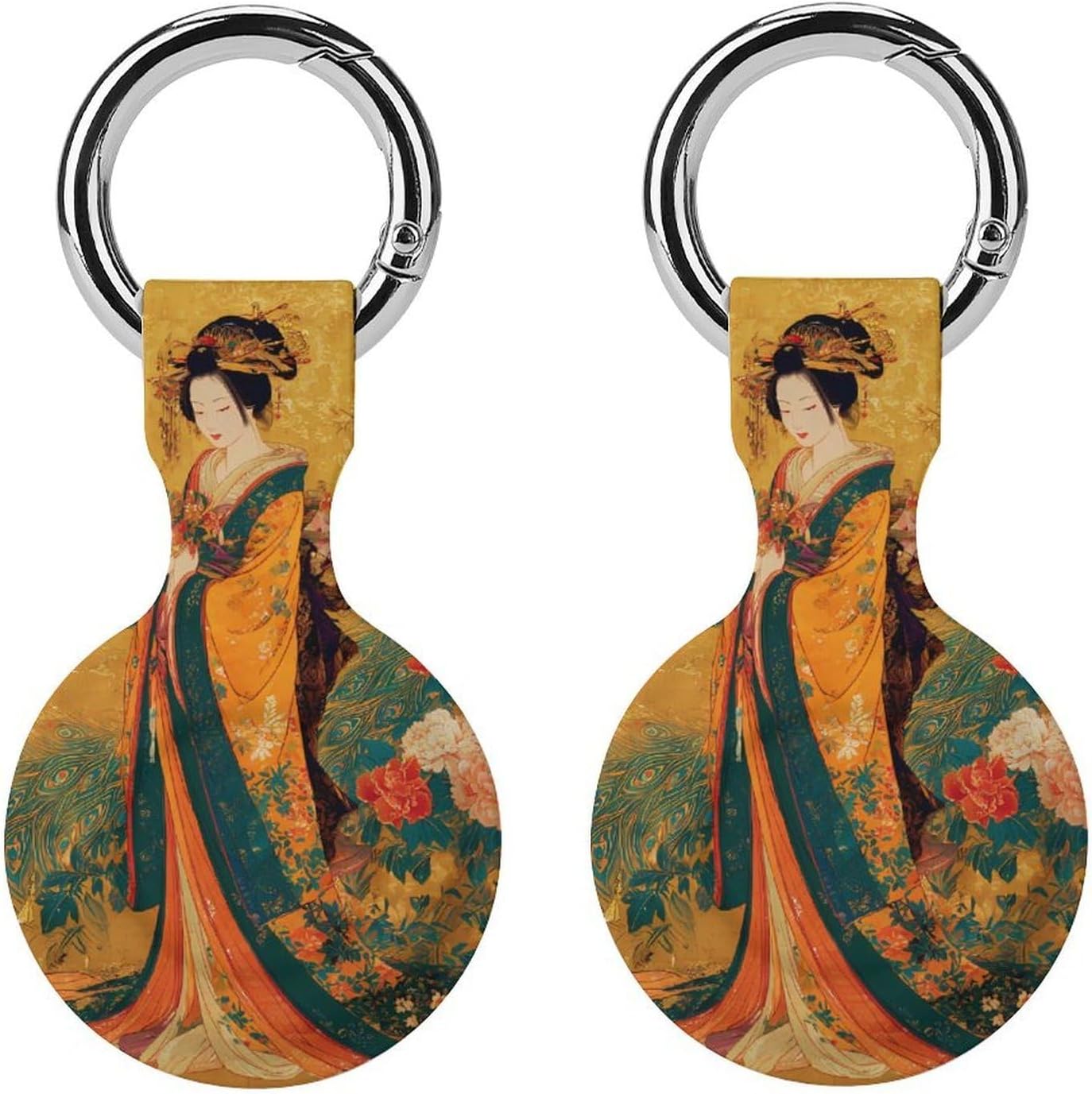 Japanese Geisha Peacock Funny Cover Compatible with AirTag Case Protector GPS Tracker Holder with Keychain