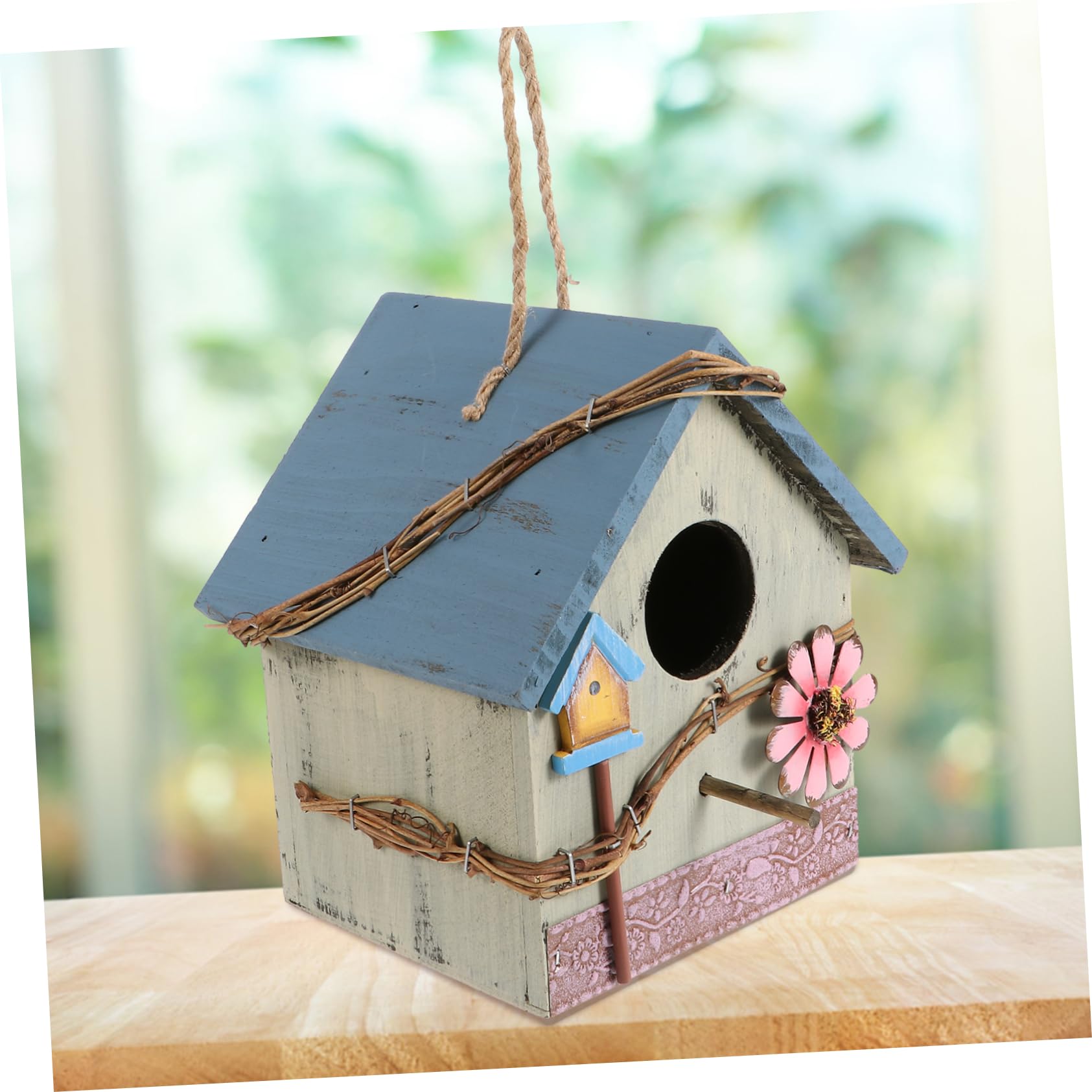 Holz Vogelhaus Wildvogelhaus zum Aufhängen Garten Papageien Futterstelle mit Schutzdach Grün Gartendekoration Vogelbeobachtung Terrassen Nistkasten