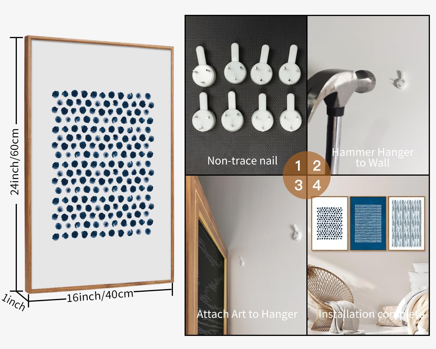 Tinonedraw Navy Blue White Framed Canvas Wall Art Set, Modern Geometric Dots Line Wall Decor, Neutral Abstract Shape Artwork, Cozy Contemporary Art Prints for Bedroom Living Room Office 16"x24"x3