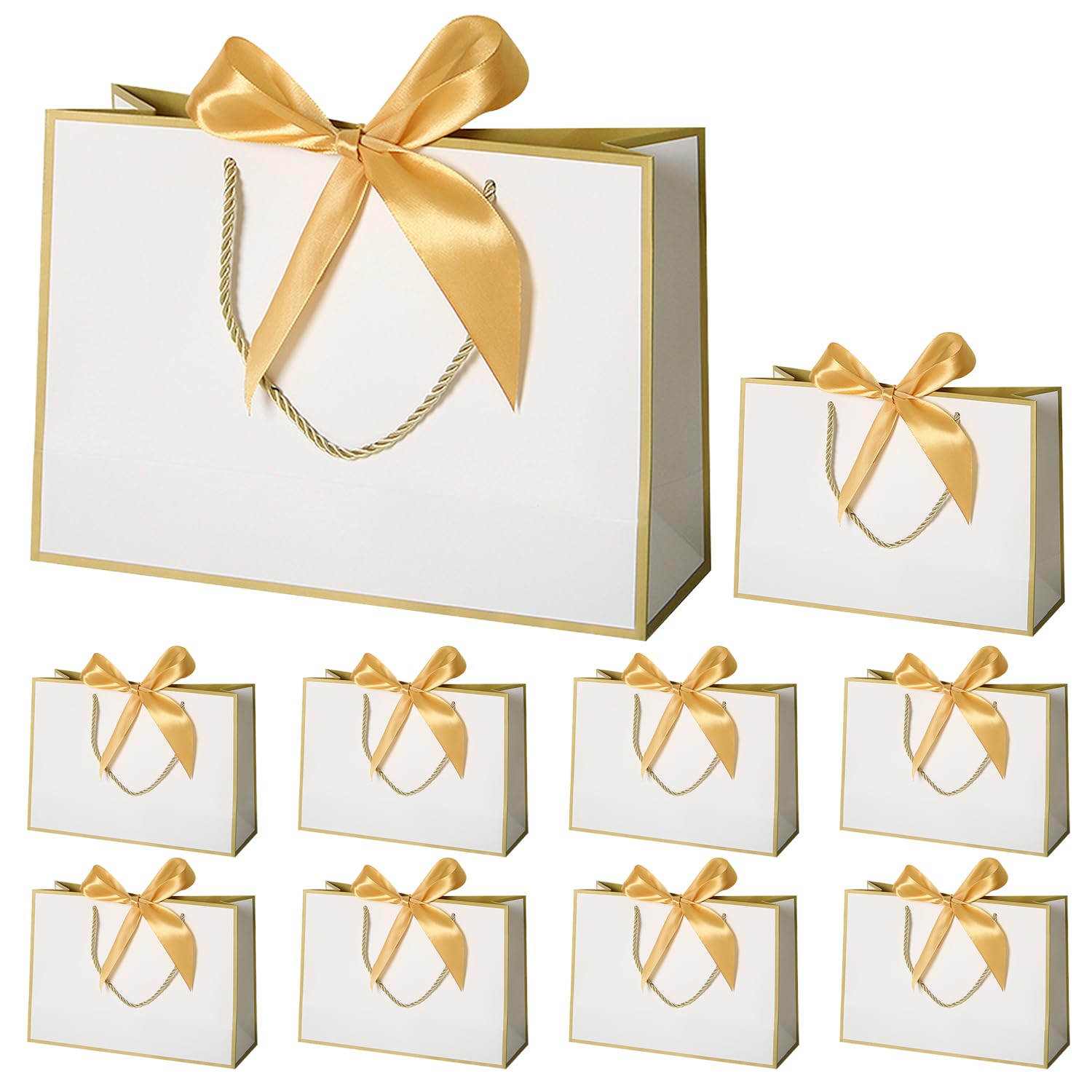 TACHIO 10 Pack Gift Bags with Golden Bow Ribbon, Luxury Paper Bags, Present Bags for Birthday,Weddings,Festival Celebration,Baby Showers,Boutiques,32x25x10cm,White