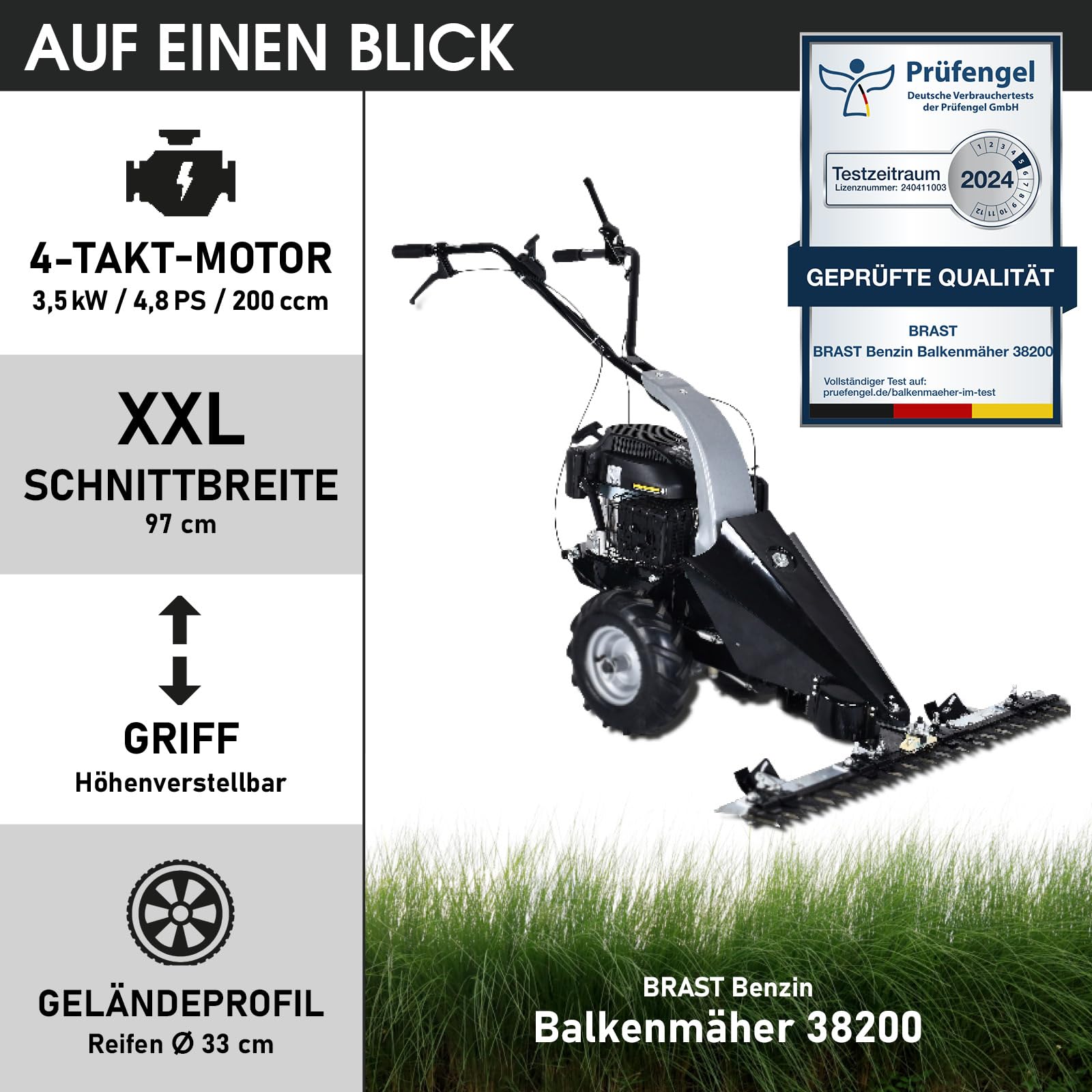 BRAST® Balkenmäher Benzin 3,5kW(4,8PS) mit Antrieb Schnittbreite 97cm Luft-Bereifung mit Geländeprofil Rasenmäher Hochgrasmäher Wiesen-Mäher 196ccm