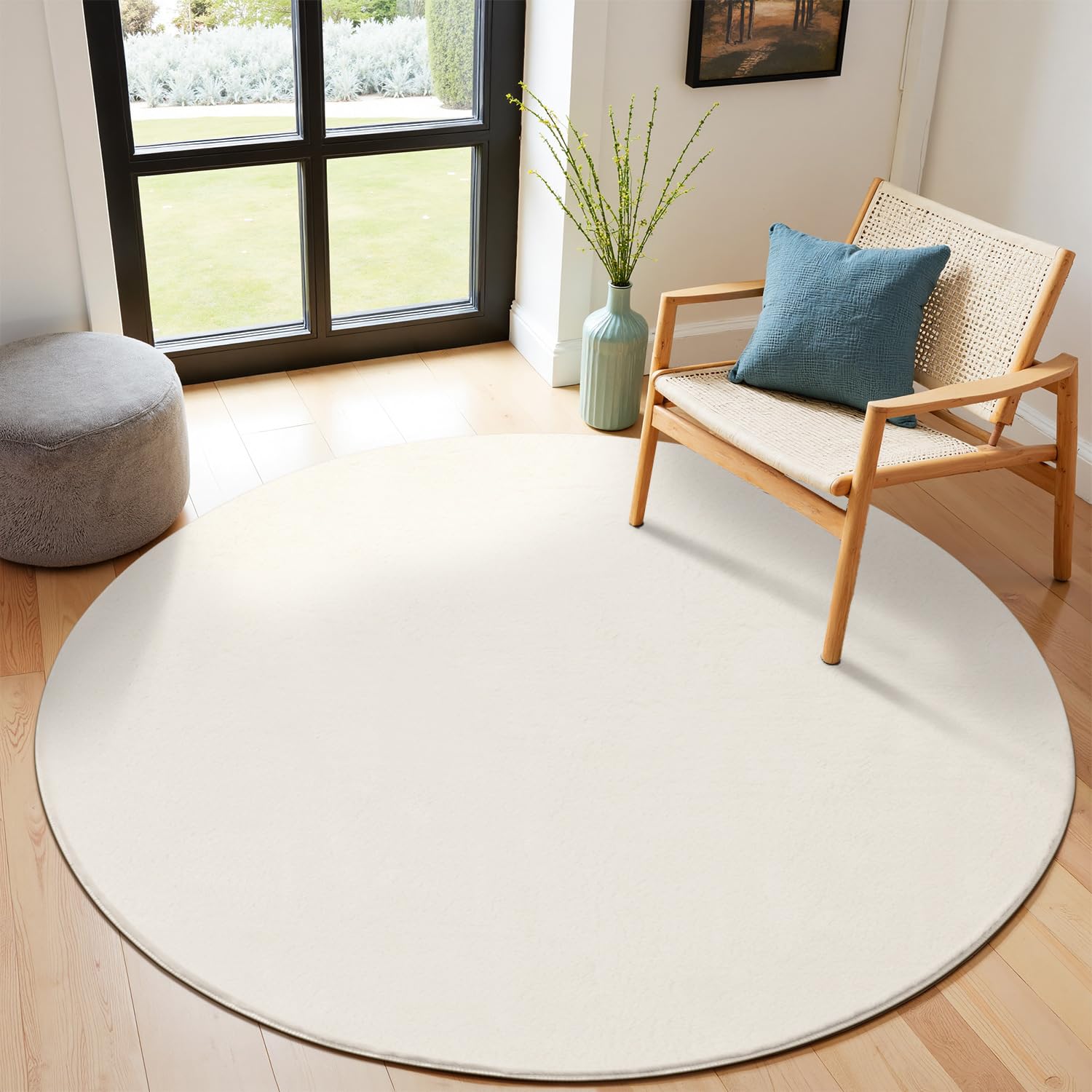 SHACOS Creme Teppich Rund 200 cm Fellteppich Kunstfell Teppich Flauschig Weicher Wohnzimmerteppich Waschbar Teppiche Anti-Rutsch-Rückseite, Felloptik, Für Fußbodenheizung geeignet