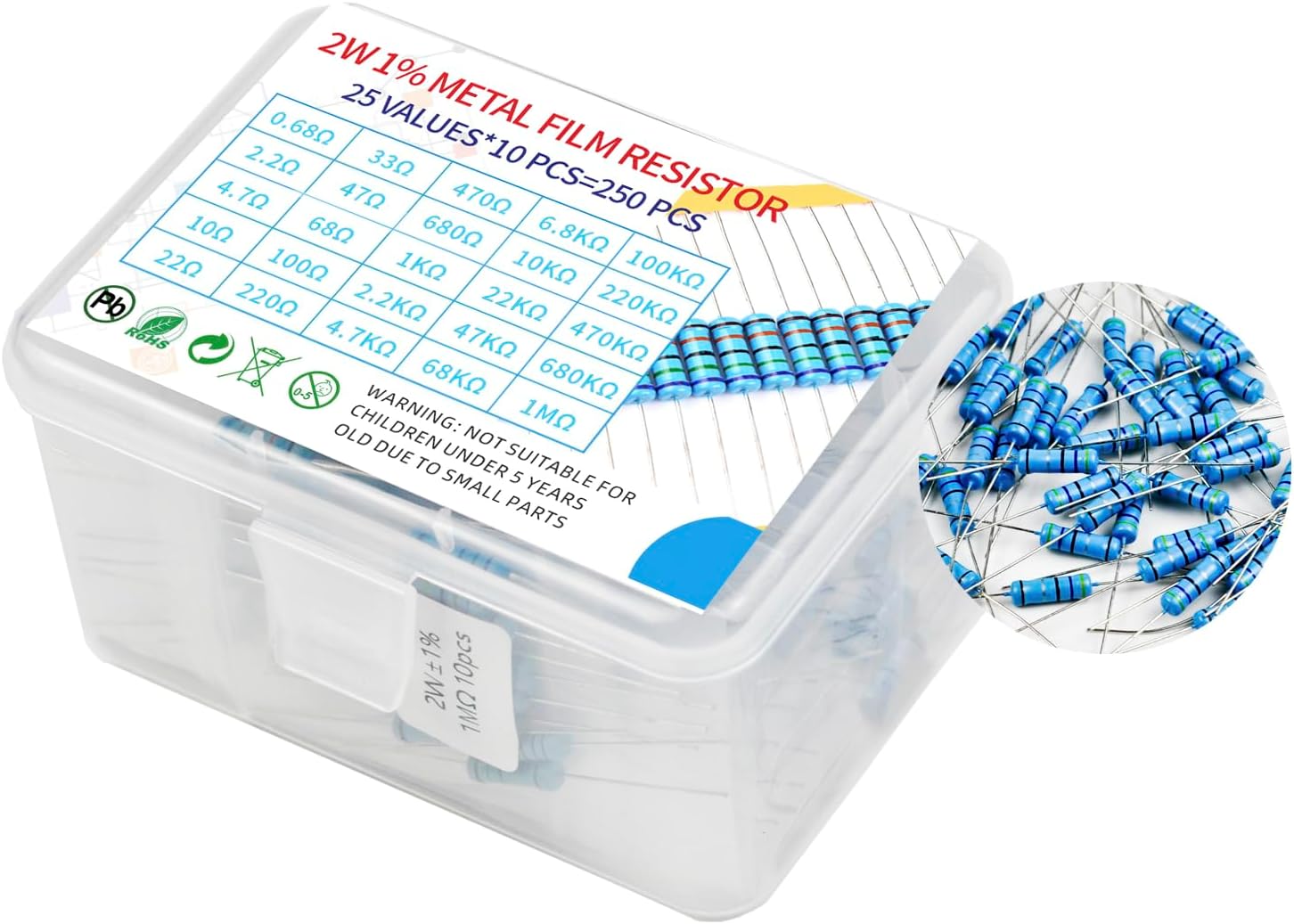 KOKISO 2W 250pcs 25 Value 0.68R-1MR Ω Ohm ±1% Tolerance 0.01 Metal Film Resistor Assorted Kit Assortment