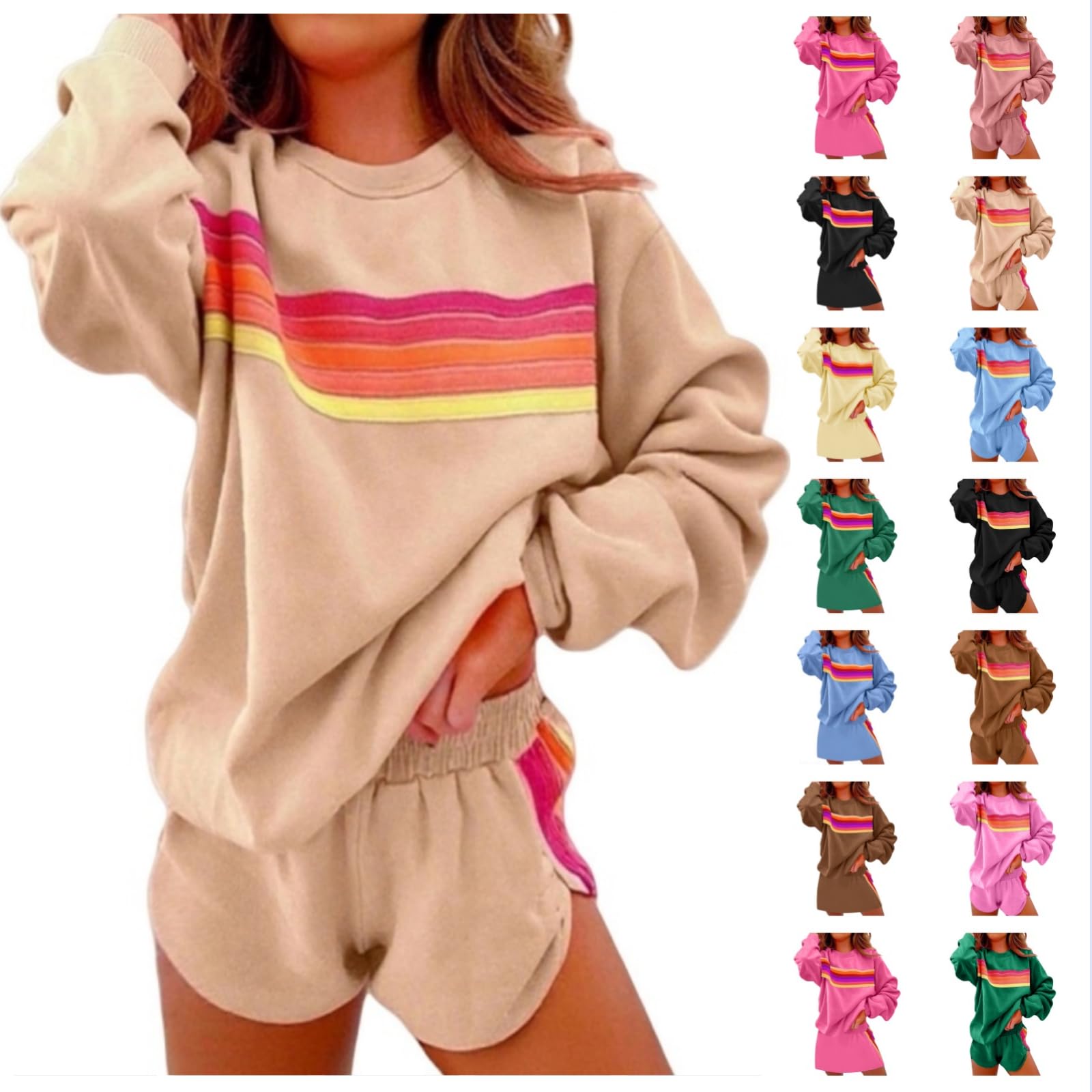 Womens 2 Piece Outfits Rainbow Striped Long Sleeve Sweatshirt Mini Skirts Shorts Sets Active Wear Workout Sweatsuits