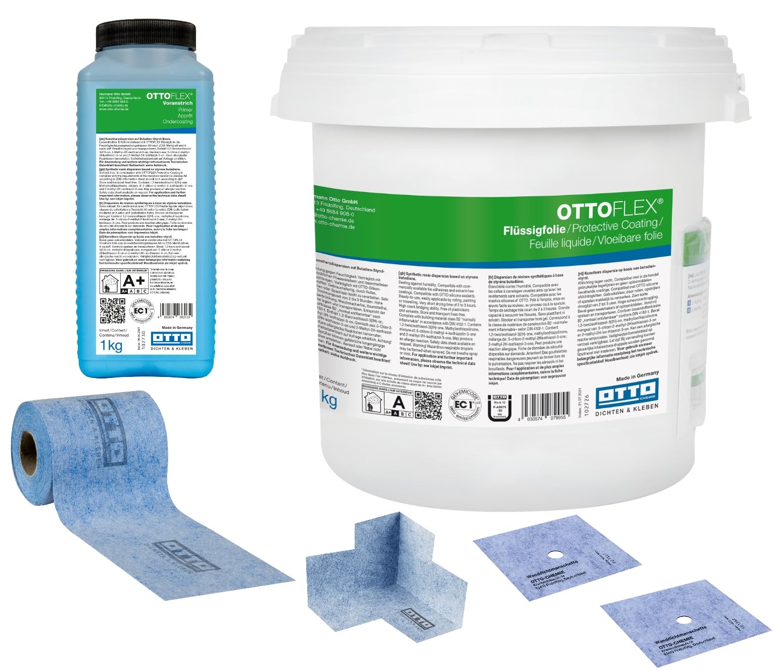 OTTOFLEX Komplett-Dichtset mit 7 kg Flüssigfolie und 1 Beutel Farbpaste (10g) 1 kg Voranstrich 2 Wanddichtmanschetten 15 x 15 cm 5 Meter OTTOFLEX Objektdichtband 1 Innenecke Abdichtung