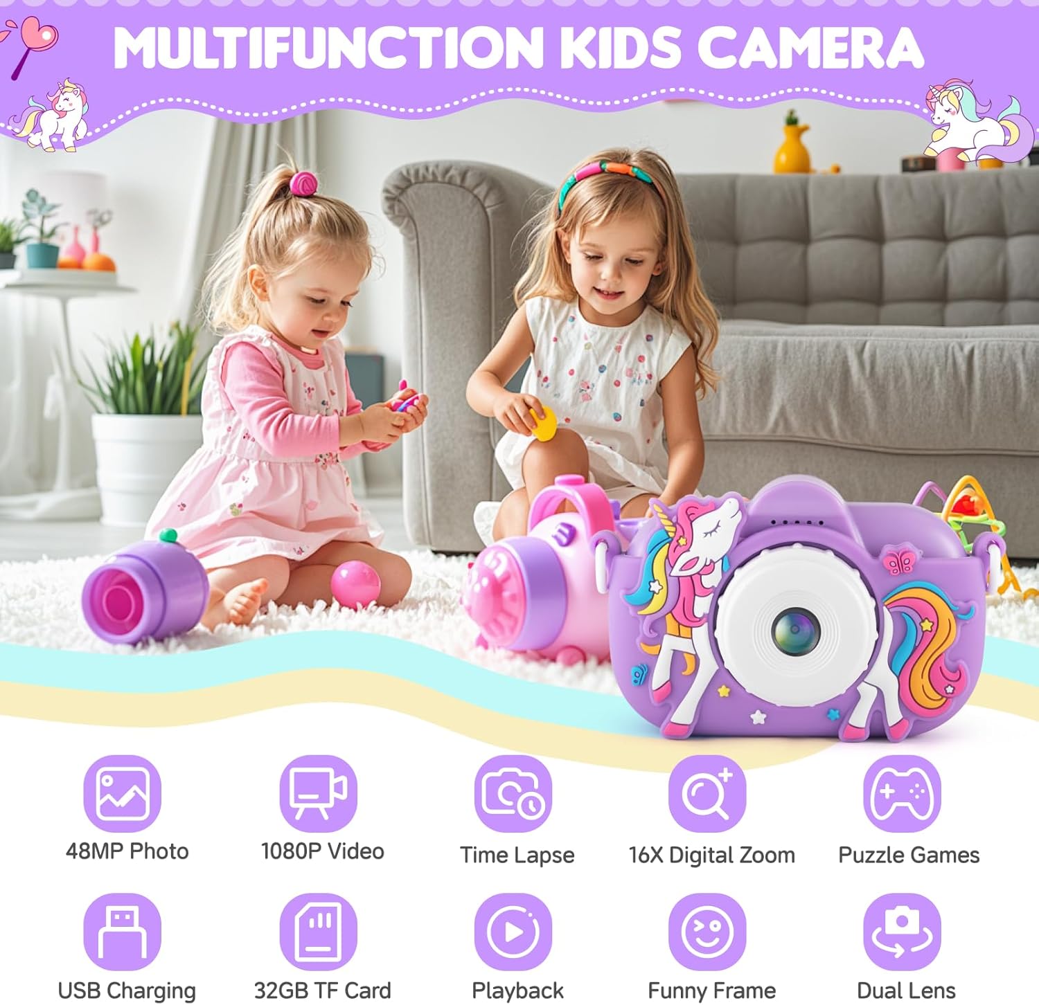 Kids Camera Toddler Toys for 3 4 5 6 7 8 Years Old Girls, 48MP HD Dual Lens Selfie Camera for Kids, 1080P HD Video Kids Digital Camera for Age 3-9 Christmas Birthday Gifts with 32G SD Card - Image 2
