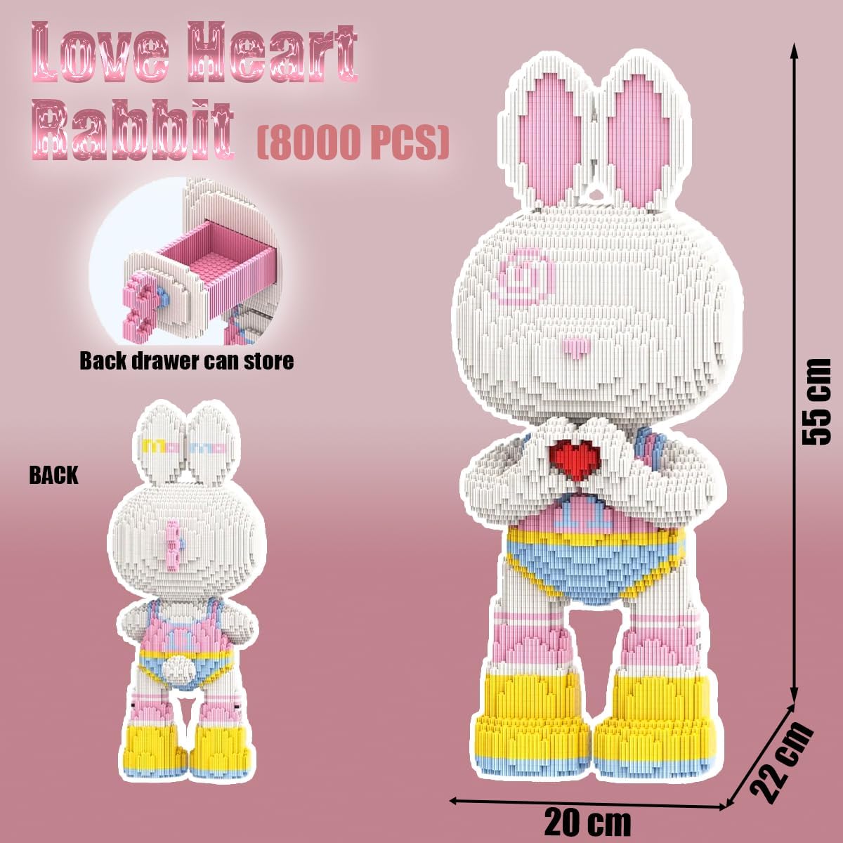 Dimensions of the assembled rabbit figure and a detail of the back drawer