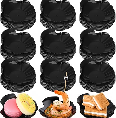 Gerrii 100 Pcs Shell Appetizer Plates Black Plastic 3.31 Inch Shell Disposable Oyster Plates Ideal for Serving Amuse Bouche, Hors D'oeuvres,