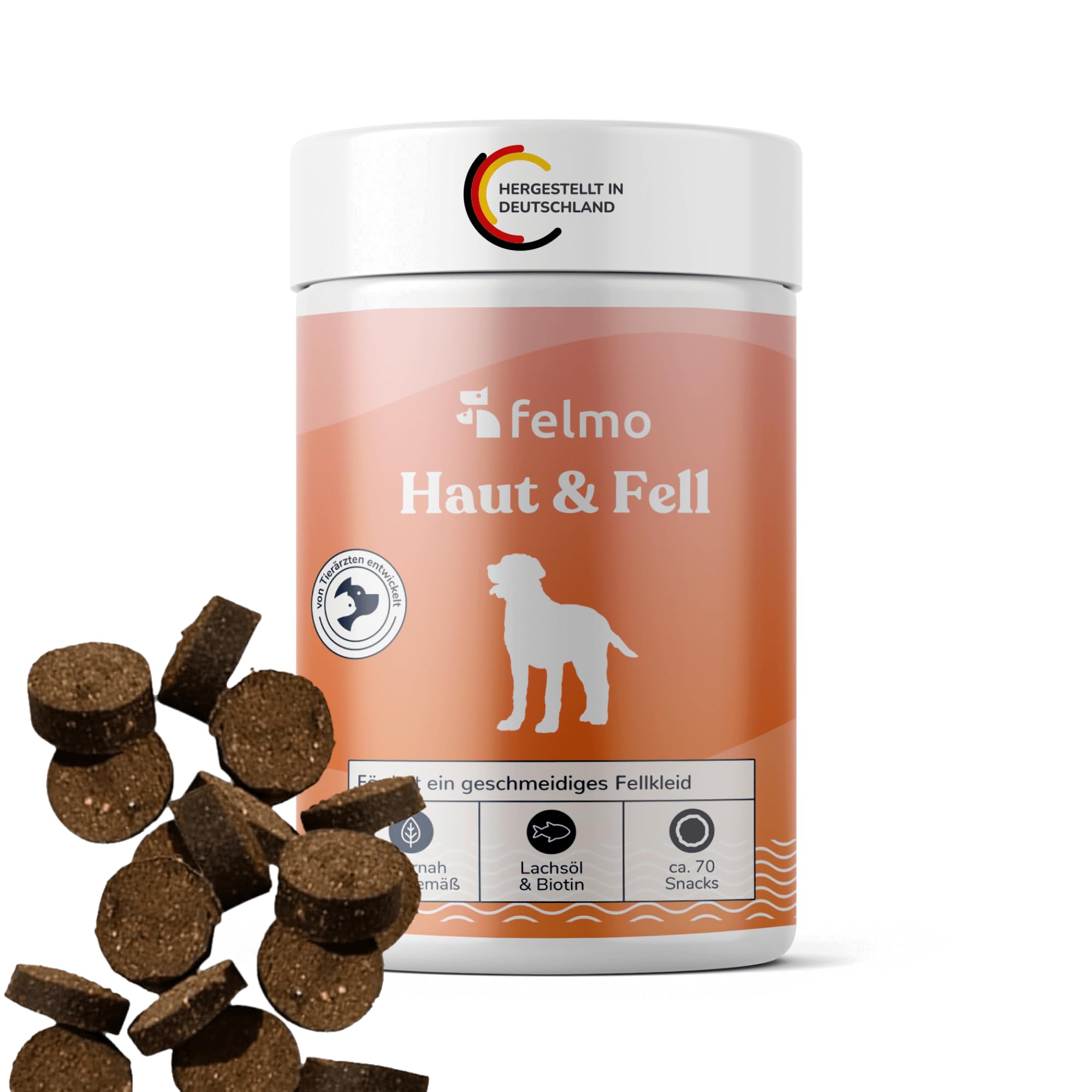 felmo Haut- & Fell-Snacks fr Hunde  Fr gesunde Haut & glnzendes Fell  mit Lachsl, Omega-3-Fettsuren, Bierhefe & Biotin  getreidefrei &  zuckerfrei, pflegt Krallen & Hautbarriere, 70 Snacks : Amazon.de: Haustier