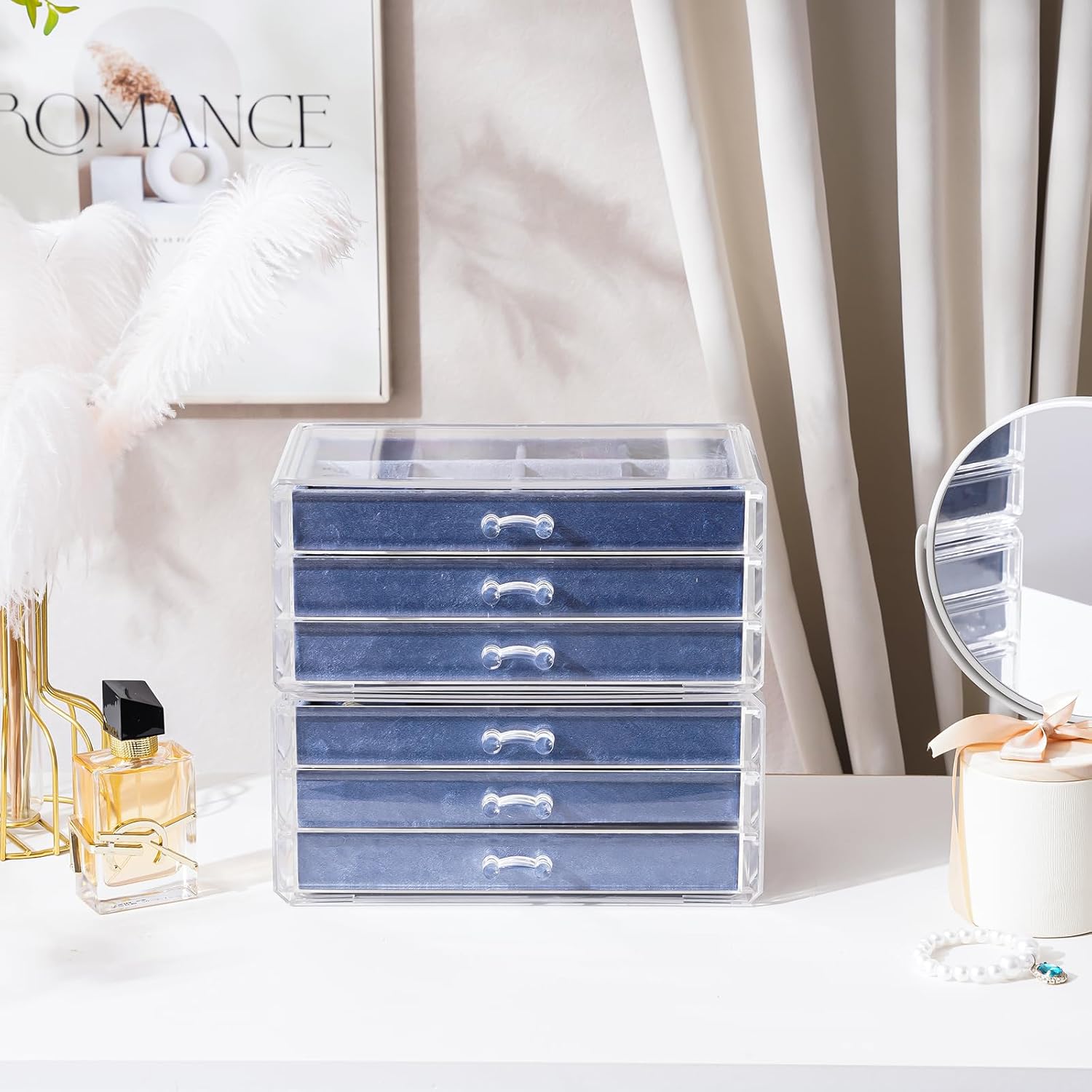 Lolalet Earring Holder Organizer Box Jewelry Storage with 6 Drawers, Clear Acrylic Stackable Earring Case with Adjustable Velvet Trays for Women on Dresser Vanity -Blue, 6 Layers