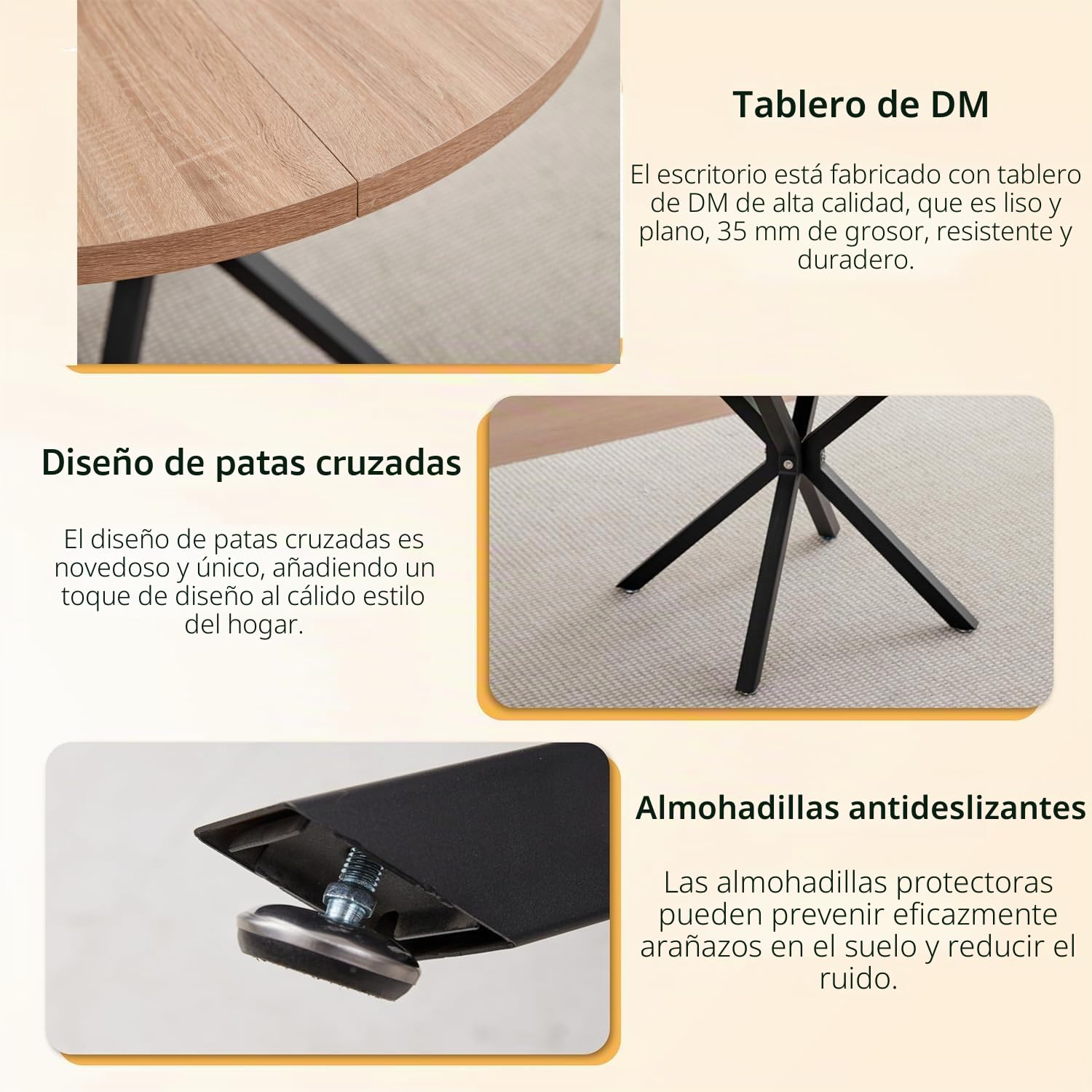 Mesa de Comedor con 4 Sillas, Juego de Comedor, Mesa de Comedor Redonda de Madera de 100 * 100 * 75 cm, 4 Sillas con Respaldo Alto, Patas de Madera de Haya, (Marrón Claro +Caqui)