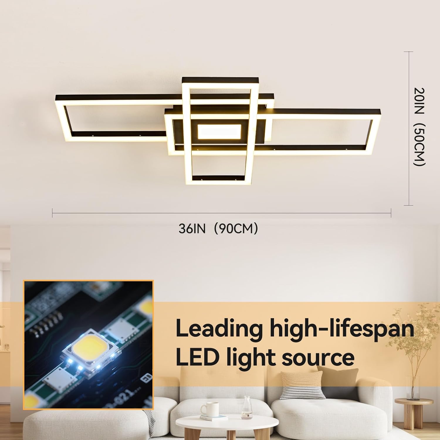 Modern LED Ceiling Light, Black Flush Mount Ceiling Lights, LED Chandelier 36" Square Bedroom Light Fixture, APP and Remote Control for Kitchen, Dining Room, Living Room, Office