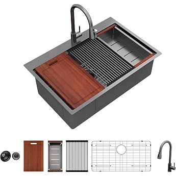 Sarlai 33 Black Kitchen Sink with Faucet 83 x 55 cm Kitchen Sink Gunmetal Black Ledge Workstation Sinks 16 Gauge Stainless Steel Single Basin Countertop Sink with Pull Out Faucet