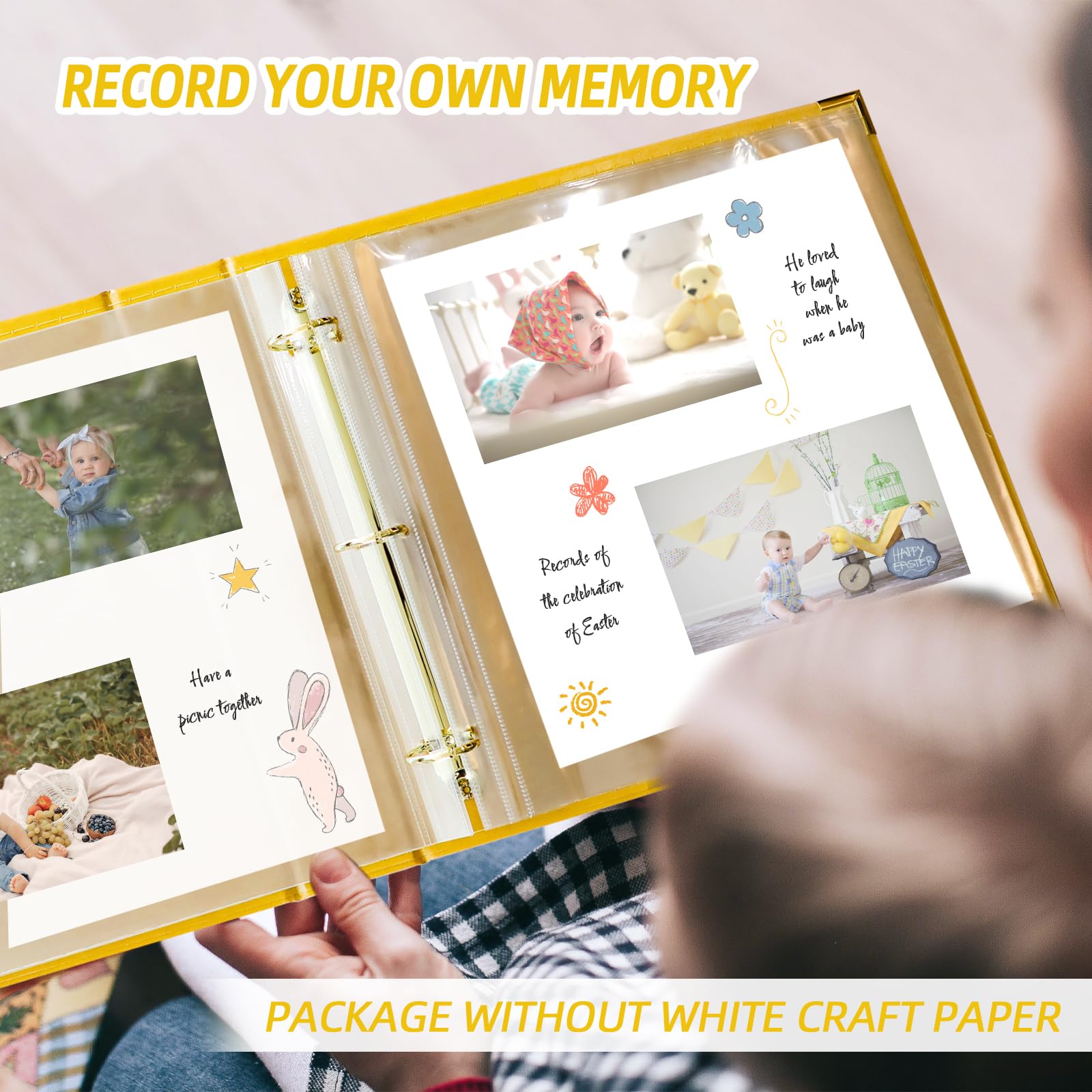 Álbum de fotos de 12 x 12 pulgadas, carpeta de 3 anillas, cubierta de piel, álbum de recortes de 12 x 12 pulgadas, anillo en D con 10 fundas de plástico, color amarillo