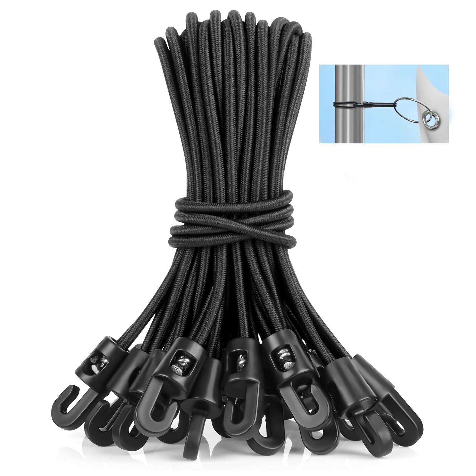 Bungee Cords with Hooks 6 Inch, 25 PCS Short Bungee Cord Straps with UV Resistant, 4 MM Diameter Small Tarpaulin Hooks for Tarps, Tents, Basic Securing