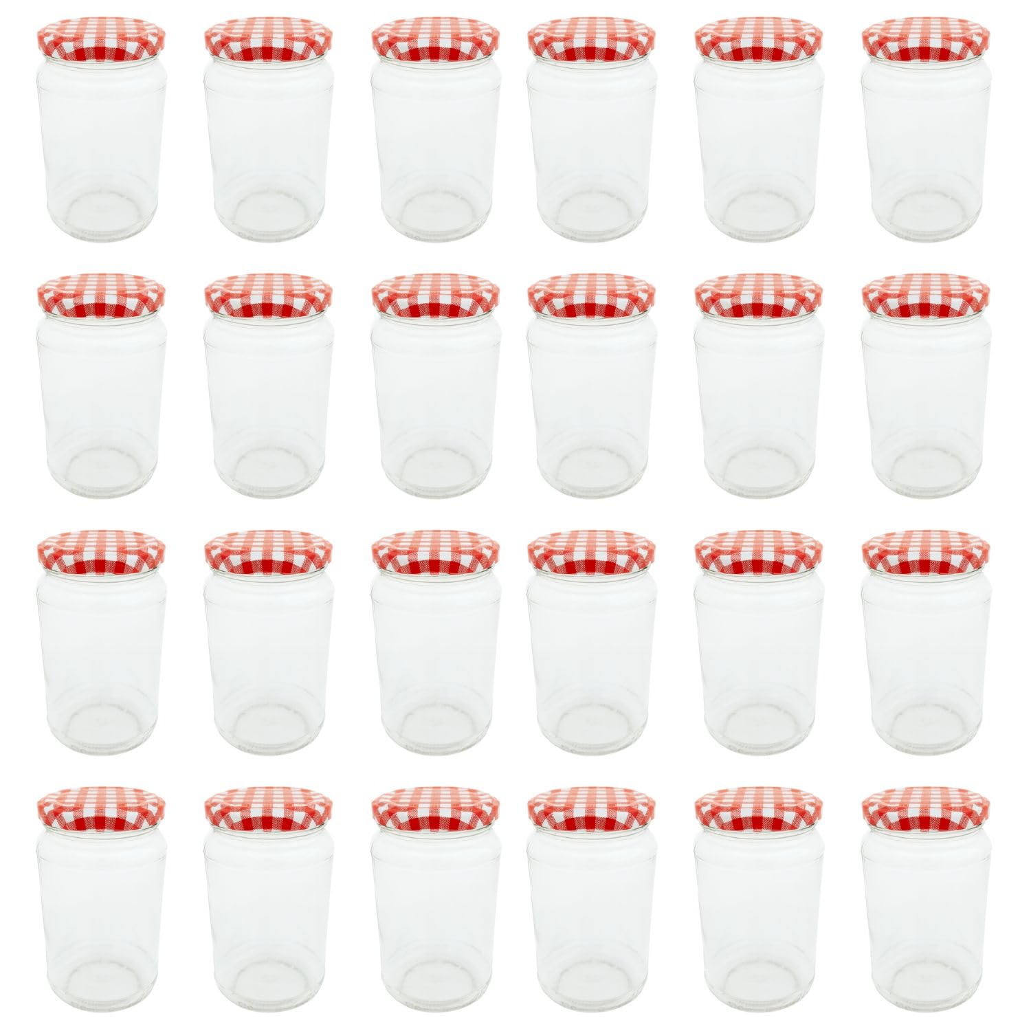 Bramley & Sage 24 x 375ml 1lb Round Glass Jam Jars with Red Gingham Twist-Off Lids